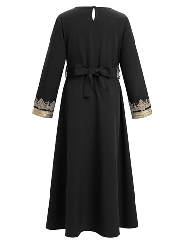 OBEEII Girls Muslim Ramadan Abaya Kids Long Sleeve V Neck Lace Prayer Dress Middle East Arabic Kaftan Dress with Belt Dubai Islamic Eid Church Robe Toddler Girl Muslim Clothes Black 1011 Years - Image 3