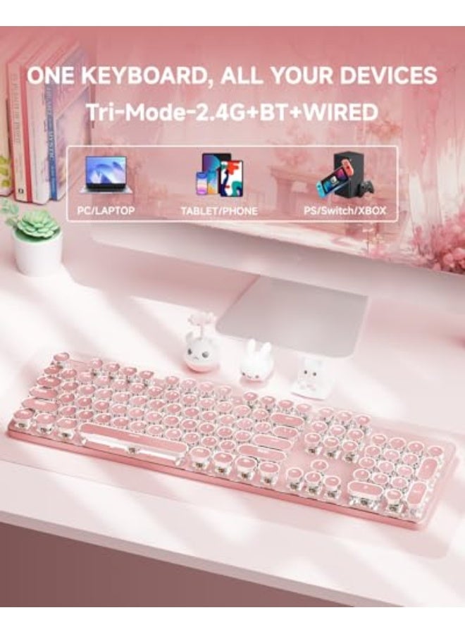 EWEADN TK950 Typewriter Keyboard Wireless Mechanical Keyboard, 104 Keys Aesthetic Typewriter Keyboards with White Backlit, Anti-Ghosting, Blue Switch Bluetooth/2.4GHz/Wired Keyboards-Pink - Image 3