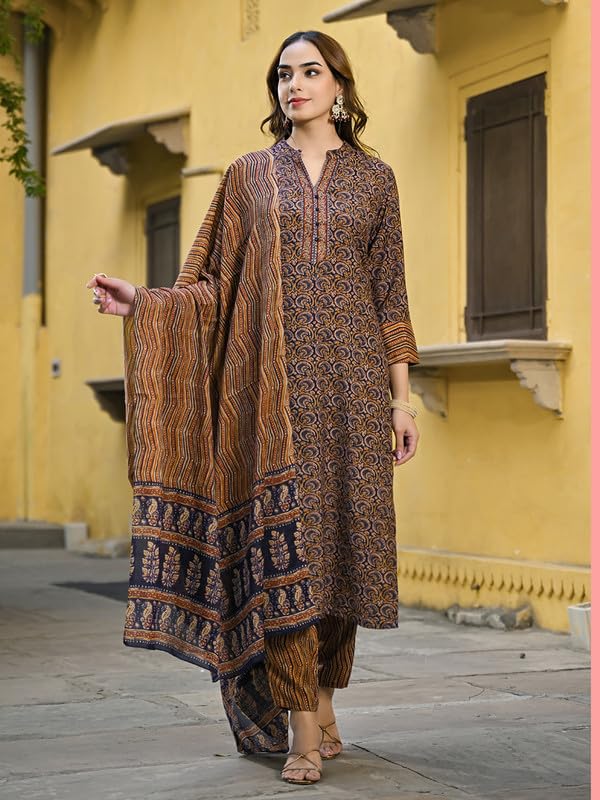 Vaamsi Women's Rayon Blend Kalamkari Printed Straight Kurta Pant with Dupatta (VKSKD2128_Black_3XL) - Image 3