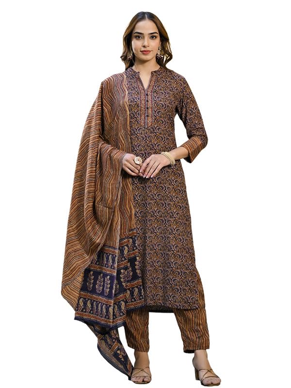 Vaamsi Women's Rayon Blend Kalamkari Printed Straight Kurta Pant with Dupatta (VKSKD2128_Black_3XL) - Image 1