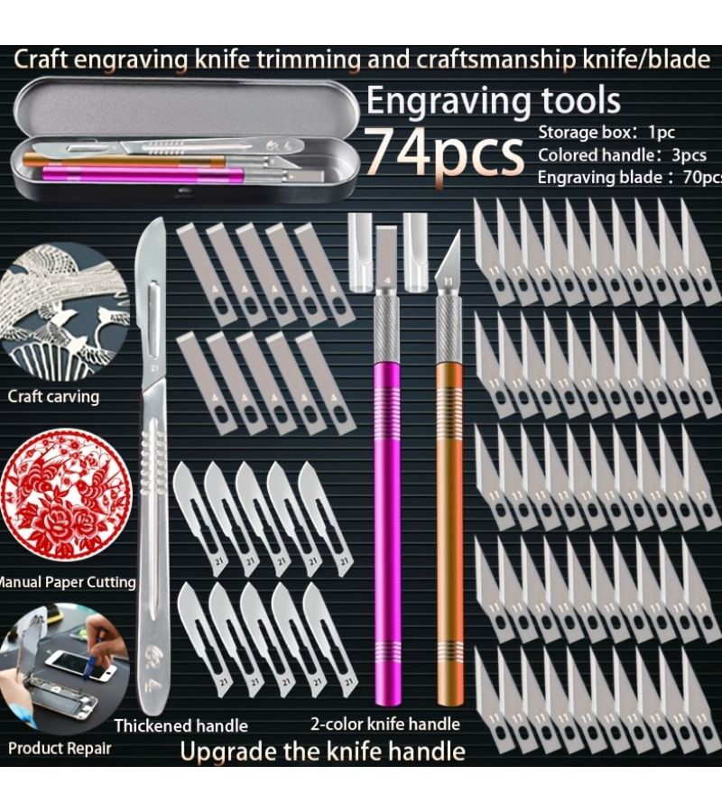 74 Pieces Carving Knife Tool Set with Colored Handles and Replaceable Blades for Craft - Image 1