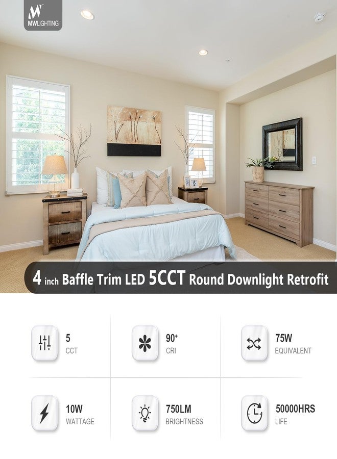 mw Retrofit Recessed Lighting 4 Inch,10W=75W,750LM, 2700K/3000K/3500K/4000K/5000K, Can Lights 4 Inch, Baffle Trim, IC & Wet Rated, Energy Star, ETL and California JA8 Certified(1, 4 inch) - Image 2