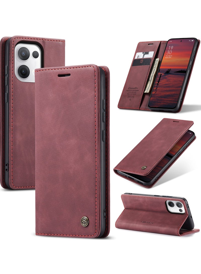 CaseMe Phone Case Luxury PU Leather Design 013 Flip Cover Card Slot Holder Cover For Oppo Reno 13 5G  (WineRed) - Image 1