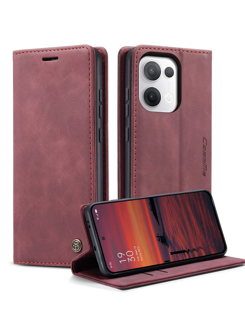 CaseMe Phone Case Luxury PU Leather Design 013 Flip Cover Card Slot Holder Cover For Oppo Reno 13 5G  (WineRed) - Image 2