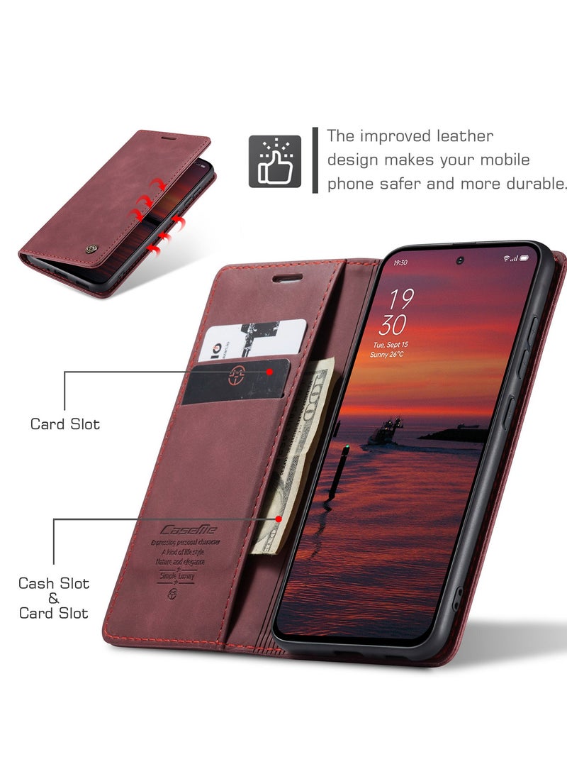 CaseMe Phone Case Luxury PU Leather Design 013 Flip Cover Card Slot Holder Cover For Oppo Reno 13 5G  (WineRed) - Image 4