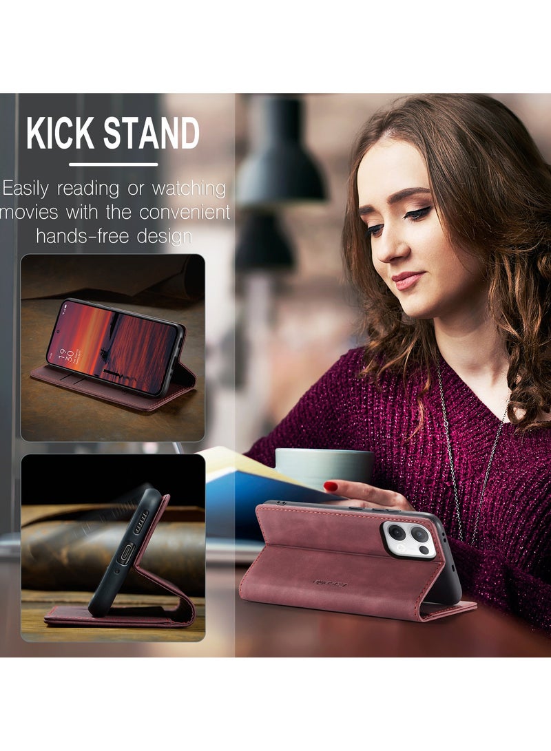 CaseMe Phone Case Luxury PU Leather Design 013 Flip Cover Card Slot Holder Cover For Oppo Reno 13 5G  (WineRed) - Image 5