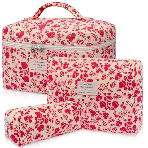 Gosect 3pc Makeup Bag Set Quilted Makeup Bag Set Large Floral Cosmetic Bag for Women Cute Cotton Makeup Bags Flower Travel Toiletry Organizer Bag Bright Pink - Image 1