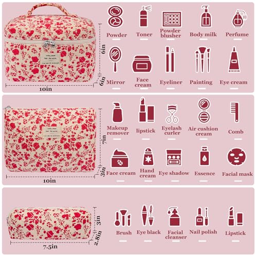Gosect 3pc Makeup Bag Set Quilted Makeup Bag Set Large Floral Cosmetic Bag for Women Cute Cotton Makeup Bags Flower Travel Toiletry Organizer Bag Bright Pink - Image 3