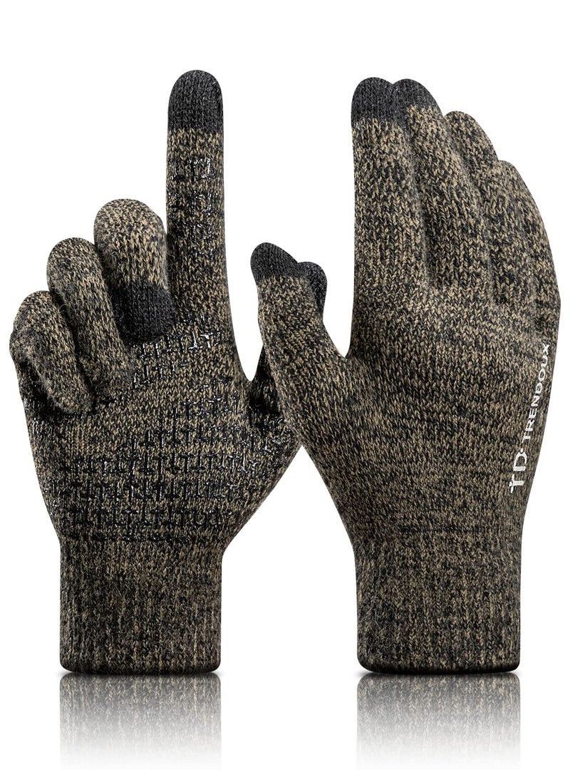 TRENDOUX Driving Gloves Men, Women Touchscreen Fingers Unisex Running Driving Texting Smartphone Elastic Cuff Thermal Lining - Knitted Stretchy Material - Hands Warm - Black Khaki - L - Image 1