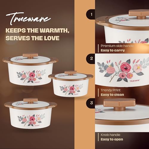 Trueware Floraa Painted Casserole Inner Steel Outer Plastic Airtight Brown Set of 3 600, 800 & 1100 ML BPA Free 100% Food Grade Serving Casserole Ideal for Chapatti Roti Curd Maker Hot Pot - Image 4