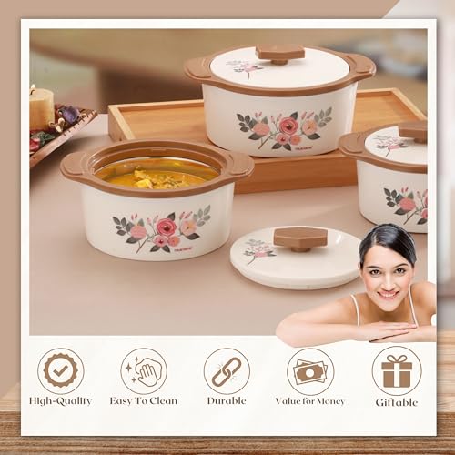 Trueware Floraa Painted Casserole Inner Steel Outer Plastic Airtight Brown Set of 3 600, 800 & 1100 ML BPA Free 100% Food Grade Serving Casserole Ideal for Chapatti Roti Curd Maker Hot Pot - Image 2