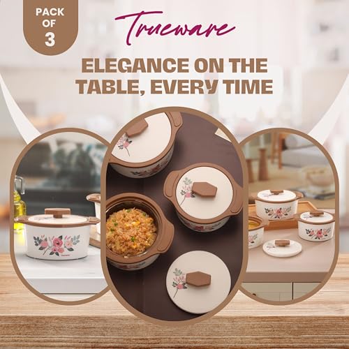 Trueware Floraa Painted Casserole Inner Steel Outer Plastic Airtight Brown Set of 3 600, 800 & 1100 ML BPA Free 100% Food Grade Serving Casserole Ideal for Chapatti Roti Curd Maker Hot Pot - Image 5