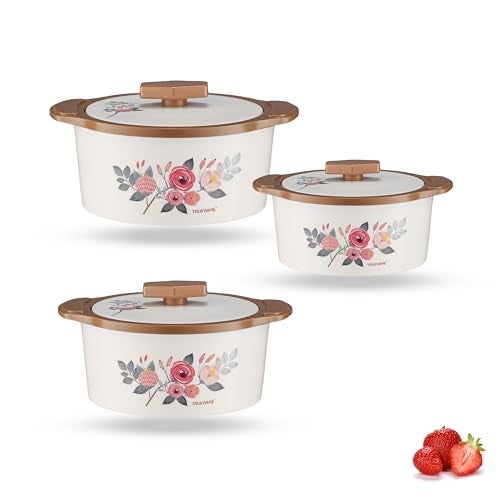 Trueware Floraa Painted Casserole Inner Steel Outer Plastic Airtight Brown Set of 3 600, 800 & 1100 ML BPA Free 100% Food Grade Serving Casserole Ideal for Chapatti Roti Curd Maker Hot Pot - Image 1