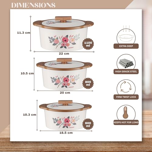 Trueware Floraa Painted Casserole Inner Steel Outer Plastic Airtight Brown Set of 3 600, 800 & 1100 ML BPA Free 100% Food Grade Serving Casserole Ideal for Chapatti Roti Curd Maker Hot Pot - Image 3
