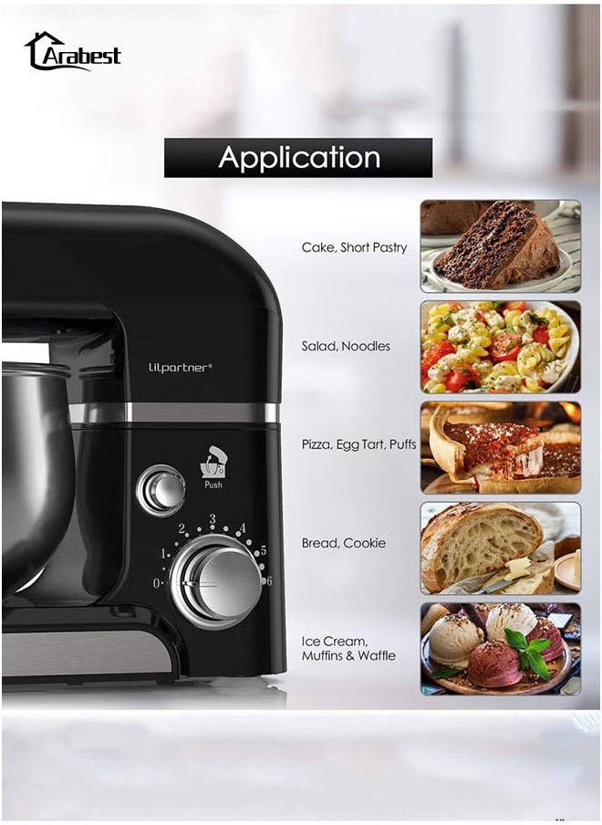 Electric Kitchen Stand Mixer,5 L  Food Mixer,6 Speeds Portable 1400W,Lightweight Kitchen Mixer,Suitable for Home and Commercial Restaurant Kitchen Cookingwith,With Egg Whisk,Dough Hook,Flat Beater (Black)