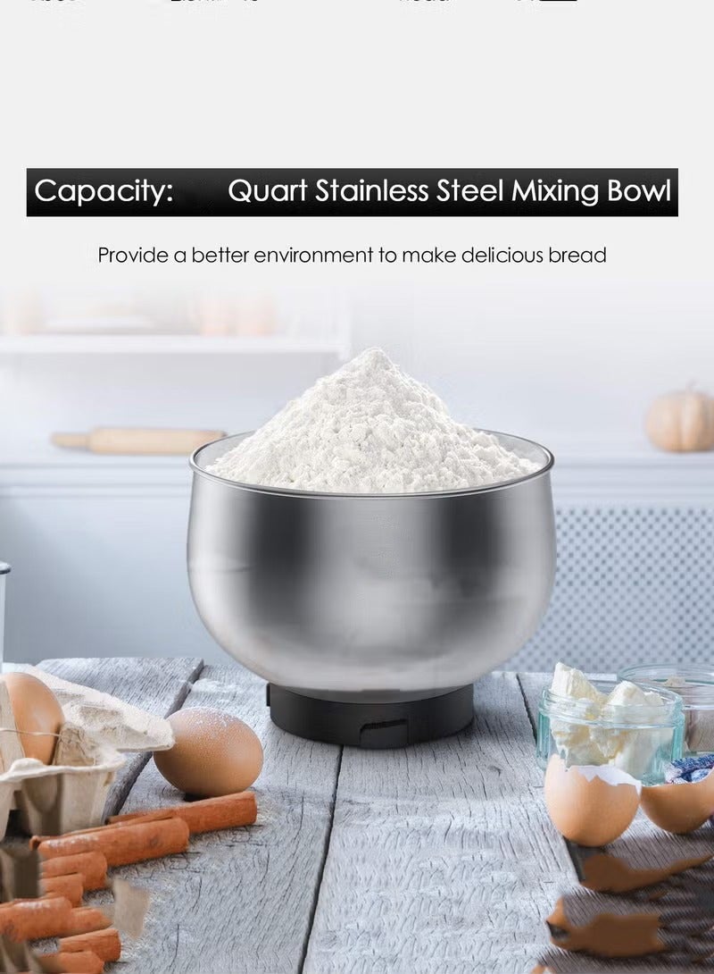 عربست عجانات كهربائية 1000 واط - عجانه كهربائية 5مصنوعة من الفولاذ المقاوم للصدأ 304 لتر تجارية 6 سرعجانة، مضرب بيض وخطاف عجين - الة عجن محمولة للمنازل والمطاعم (أسود) - Image 5