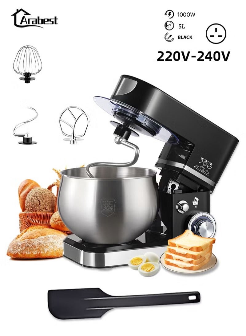 عربست عجانات كهربائية 1000 واط - عجانه كهربائية 5مصنوعة من الفولاذ المقاوم للصدأ 304 لتر تجارية 6 سرعجانة، مضرب بيض وخطاف عجين - الة عجن محمولة للمنازل والمطاعم (أسود) - Image 1