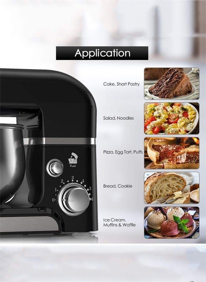عربست عجانات كهربائية 1000 واط - عجانه كهربائية 5مصنوعة من الفولاذ المقاوم للصدأ 304 لتر تجارية 6 سرعجانة، مضرب بيض وخطاف عجين - الة عجن محمولة للمنازل والمطاعم (أسود) - Image 2