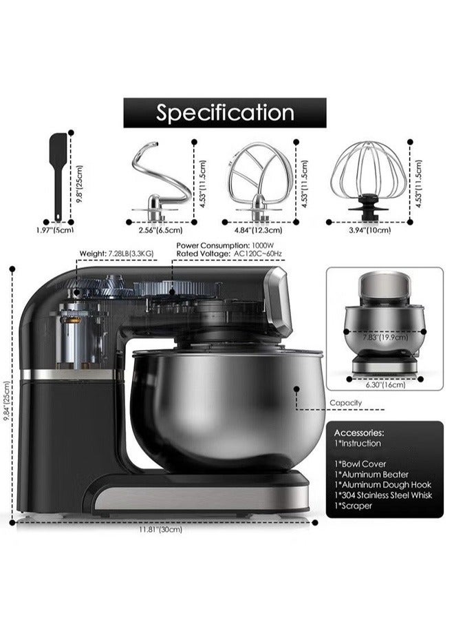 عربست عجانات كهربائية 1000 واط - عجانه كهربائية 5مصنوعة من الفولاذ المقاوم للصدأ 304 لتر تجارية 6 سرعجانة، مضرب بيض وخطاف عجين - الة عجن محمولة للمنازل والمطاعم (أسود) - Image 3