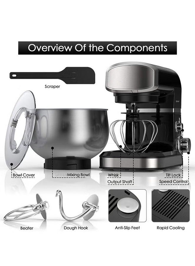 عربست عجانات كهربائية 1000 واط - عجانه كهربائية 5مصنوعة من الفولاذ المقاوم للصدأ 304 لتر تجارية 6 سرعجانة، مضرب بيض وخطاف عجين - الة عجن محمولة للمنازل والمطاعم (أسود) - Image 4