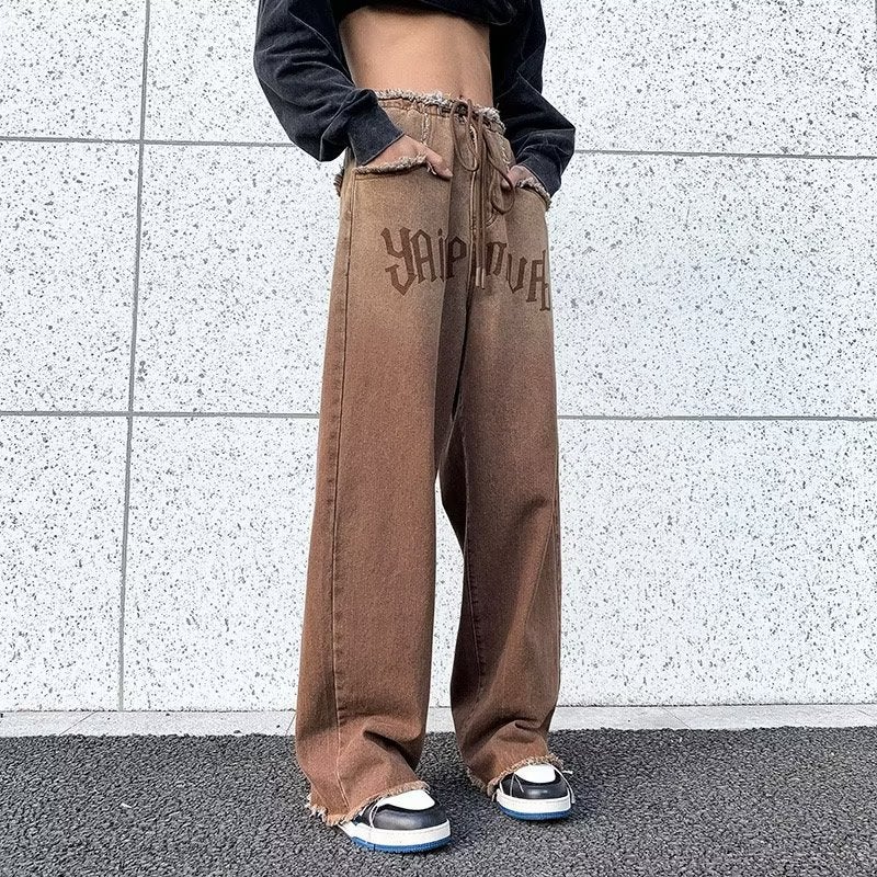 American Style Retro Gradient Drawstring Straight Jeans Summer Ins Trendy Burr Edge High Waist Wide Leg Trousers - Image 2