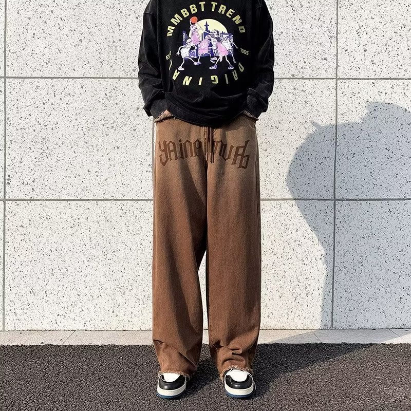 American Style Retro Gradient Drawstring Straight Jeans Summer Ins Trendy Burr Edge High Waist Wide Leg Trousers - Image 4