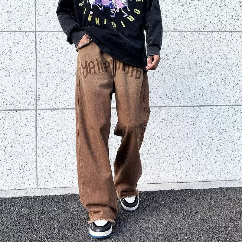 American Style Retro Gradient Drawstring Straight Jeans Summer Ins Trendy Burr Edge High Waist Wide Leg Trousers - Image 3