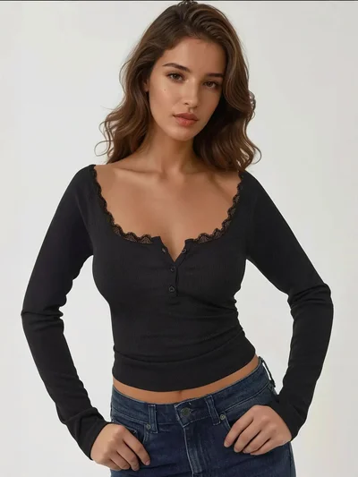 HICCUP Slim Fit Lace Detail Long Sleeve Top