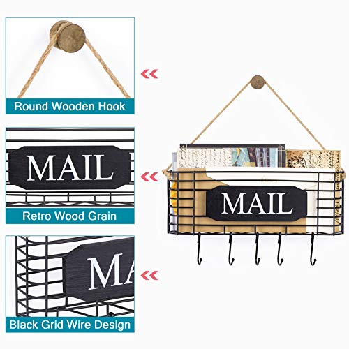 SRIWATANA Rustic Mail Key Holder, Mail Organizer Wall Mount with 5 Hooks Large, Black - Image 3