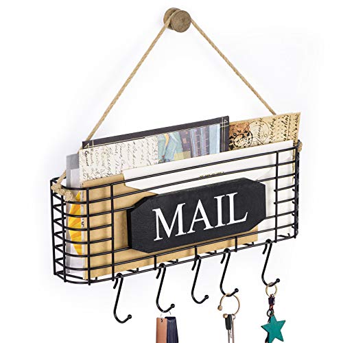 SRIWATANA Rustic Mail Key Holder, Mail Organizer Wall Mount with 5 Hooks Large, Black - Image 1