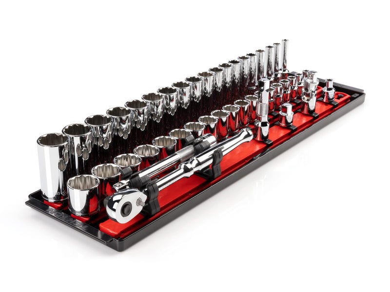 TEKTON 38 Inch Drive 12Point Socket and Ratchet Set with Rails and Tray 44Piece 624 mm SKT13202