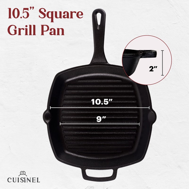 Cuisinel Cast Iron Square Grill Pan + Glass Lid + Pan Scraper + Handle Cover - 10.5" Pre-Seasoned Ridged Skillet - Grill, Stovetop, Fire, Indoor/Outdoor Use - for Grilling, Frying, Sauteing - Image 3