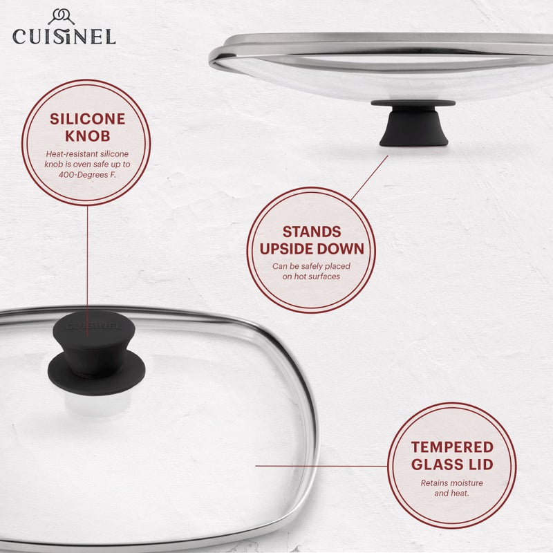 Cuisinel Cast Iron Square Grill Pan + Glass Lid + Pan Scraper + Handle Cover - 10.5" Pre-Seasoned Ridged Skillet - Grill, Stovetop, Fire, Indoor/Outdoor Use - for Grilling, Frying, Sauteing - Image 2