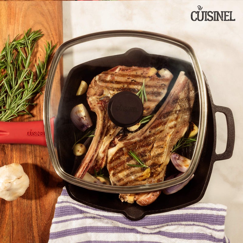 Cuisinel Cast Iron Square Grill Pan + Glass Lid + Pan Scraper + Handle Cover - 10.5" Pre-Seasoned Ridged Skillet - Grill, Stovetop, Fire, Indoor/Outdoor Use - for Grilling, Frying, Sauteing - Image 5