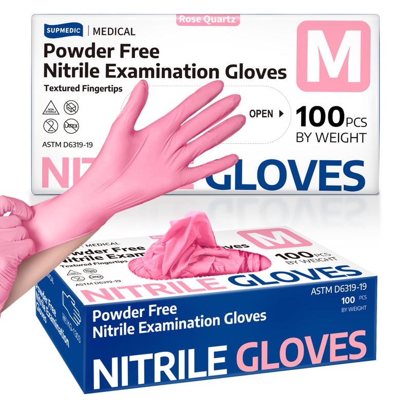 Supmedic Medical Nitrile Exam Gloves, 3.5 mil Powder-Free Food-Safe Disposable Glove for Cleaning & Esthetician, Rose Quartz 100 Pcs (Medium) - Image 1