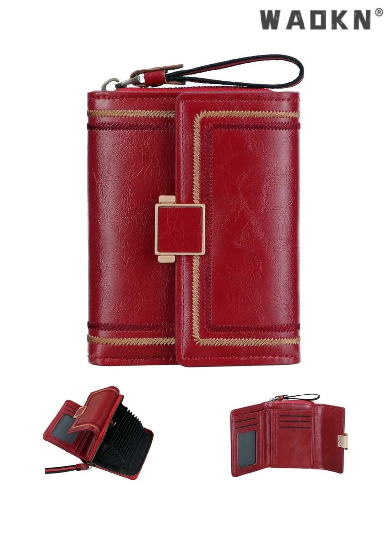 WAOKN Women's Selected RFID Blocking Short Leather Clutch, Compact Folding Accordion Wallet with Elegant Bifold Design, Easily Storing Credit Cards and Cash, Essential for a Stylish Life（Red）  - Image 1