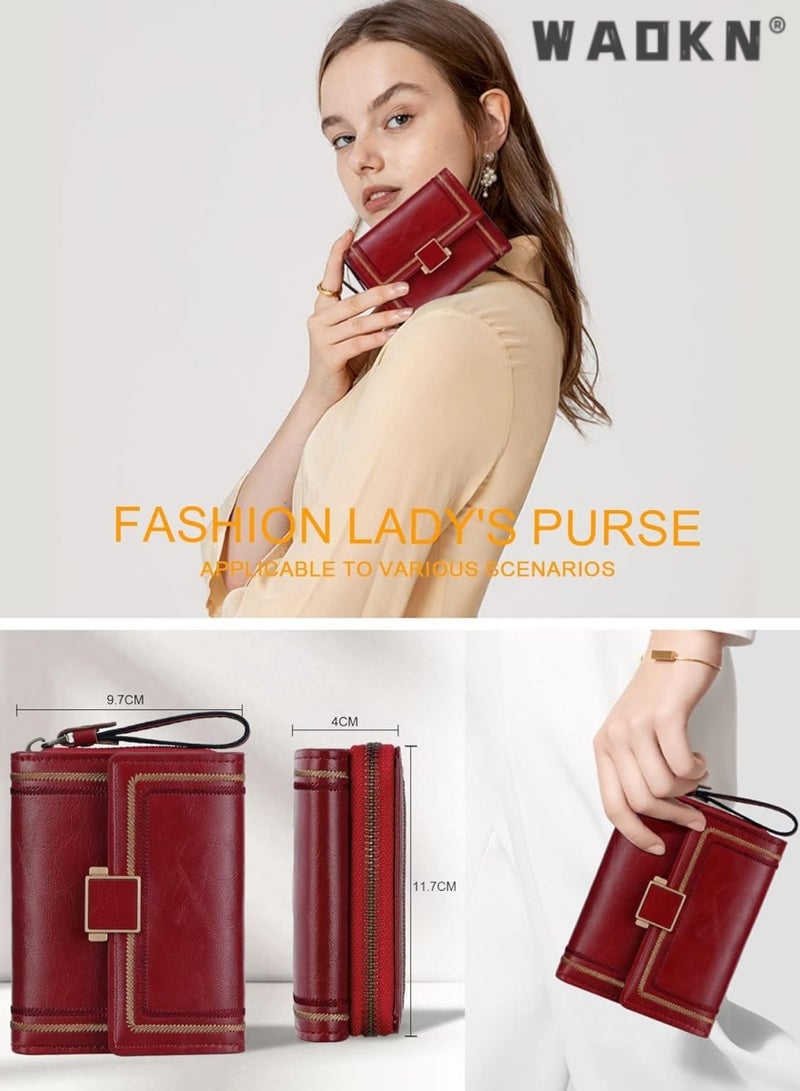 WAOKN Women's Selected RFID Blocking Short Leather Clutch, Compact Folding Accordion Wallet with Elegant Bifold Design, Easily Storing Credit Cards and Cash, Essential for a Stylish Life（Red）  - Image 4