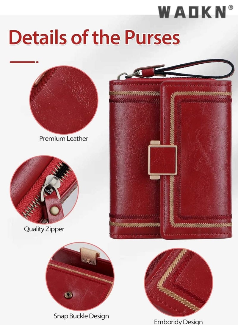 WAOKN Women's Selected RFID Blocking Short Leather Clutch, Compact Folding Accordion Wallet with Elegant Bifold Design, Easily Storing Credit Cards and Cash, Essential for a Stylish Life（Red）  - Image 2
