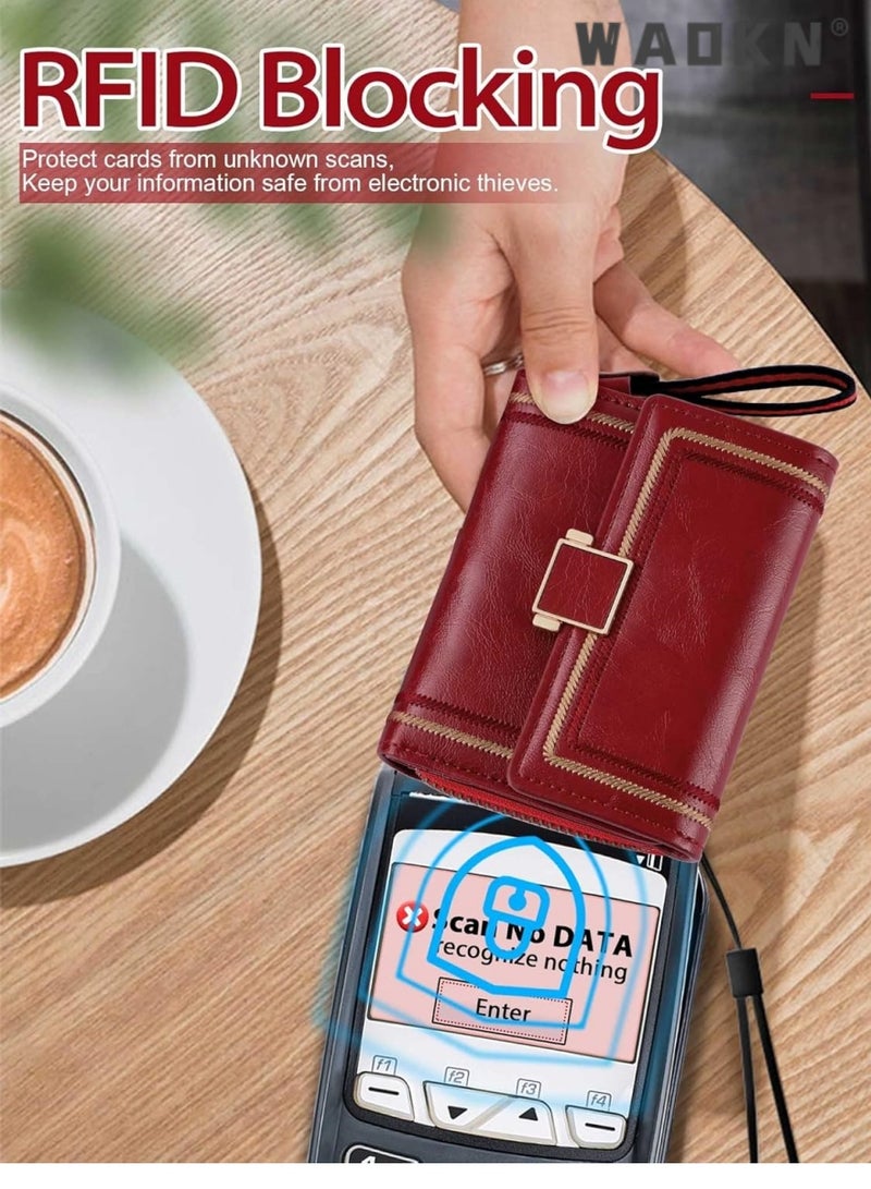 WAOKN Women's Selected RFID Blocking Short Leather Clutch, Compact Folding Accordion Wallet with Elegant Bifold Design, Easily Storing Credit Cards and Cash, Essential for a Stylish Life（Red）  - Image 3