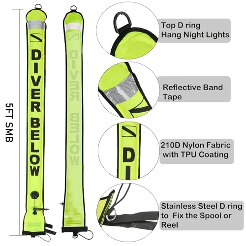 YUNNLEZT 5ft SMB Surface Marker Buoy, Surface Marker Signal Tube Scuba Diving Open Bottom Marker with High Visibility Reflective Band for Underwater Diving Snorkeling - Image 3