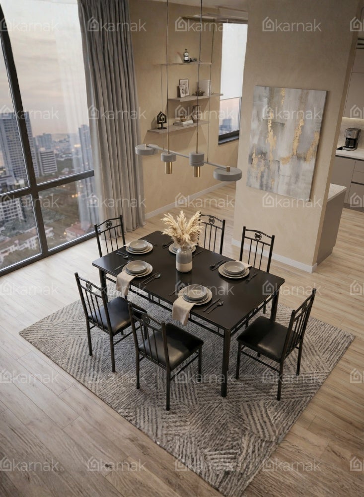 Karnak Carter Marble Dining Table Set 6 Seater Metal Frame Modern Dining Set Kitchen Table (Black) - Image 2