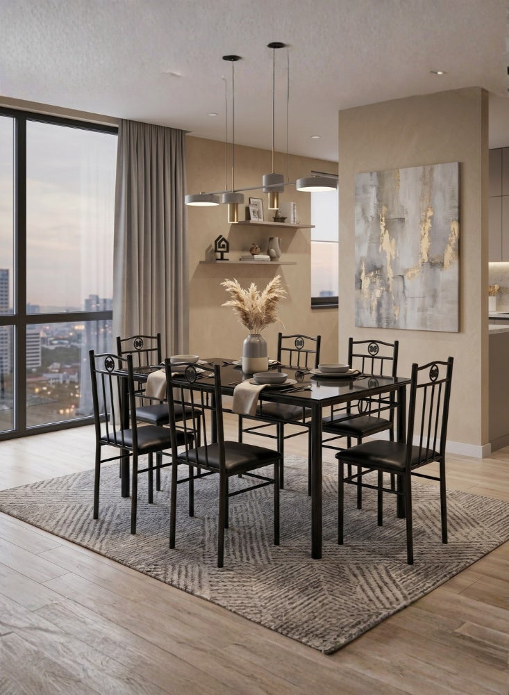 Karnak Carter Marble Dining Table Set 6 Seater Metal Frame Modern Dining Set Kitchen Table (Black) - Image 1