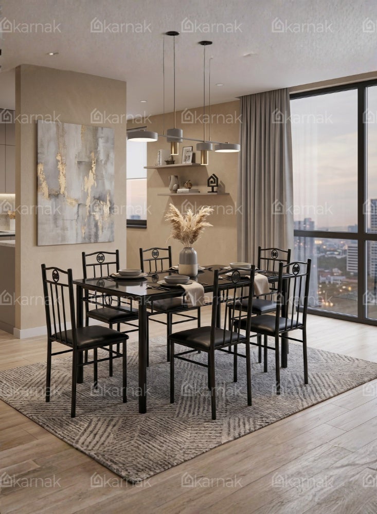 Karnak Carter Marble Dining Table Set 6 Seater Metal Frame Modern Dining Set Kitchen Table (Black) - Image 5