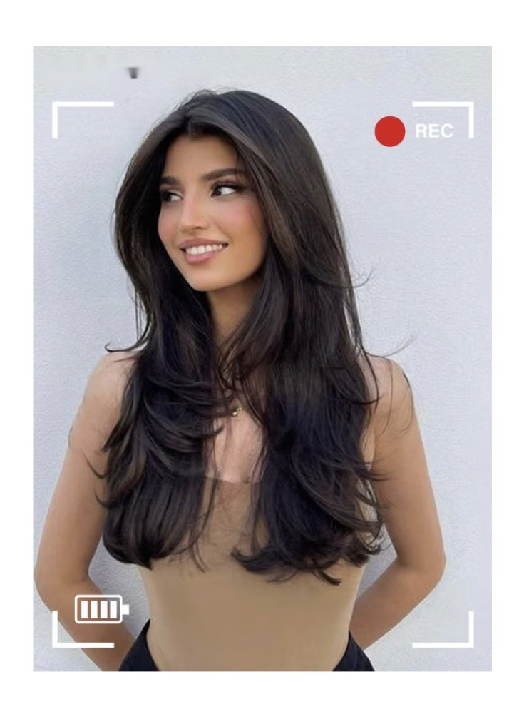 V-Shaped Layered Hair Extensions, One Piece Straight Hair Extension Wig with 4 Clips, Heat Resistant Synthetic Hairpiece for Women Girls, Brown Black, 55cm (22 inches) - Image 2