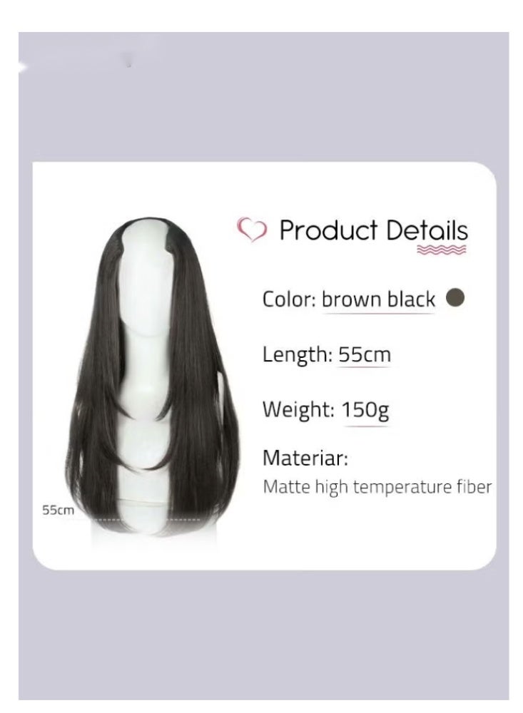 V-Shaped Layered Hair Extensions, One Piece Straight Hair Extension Wig with 4 Clips, Heat Resistant Synthetic Hairpiece for Women Girls, Brown Black, 55cm (22 inches) - Image 3