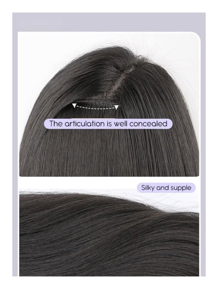 V-Shaped Layered Hair Extensions, One Piece Straight Hair Extension Wig with 4 Clips, Heat Resistant Synthetic Hairpiece for Women Girls, Brown Black, 55cm (22 inches) - Image 5