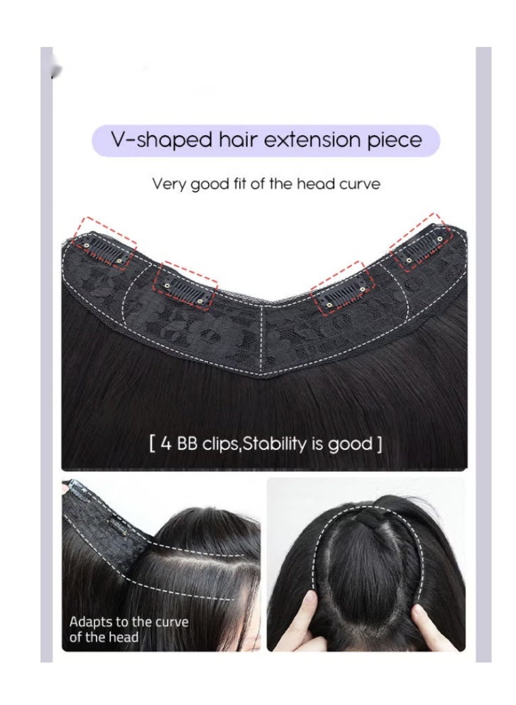 V-Shaped Layered Hair Extensions, One Piece Straight Hair Extension Wig with 4 Clips, Heat Resistant Synthetic Hairpiece for Women Girls, Brown Black, 55cm (22 inches) - Image 4