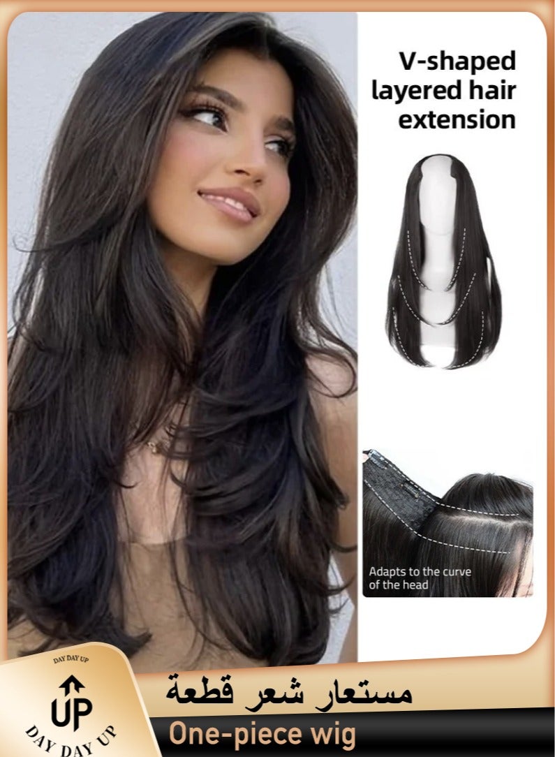 V-Shaped Layered Hair Extensions, One Piece Straight Hair Extension Wig with 4 Clips, Heat Resistant Synthetic Hairpiece for Women Girls, Brown Black, 55cm (22 inches) - Image 1