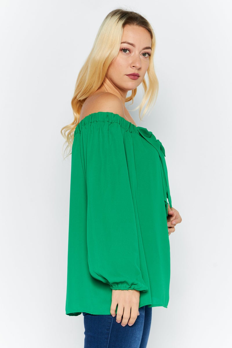 Riley & Rae بلوزة نسائية بأكتاف مكشوفة بأكمام طويلة، خضراء - Image 3