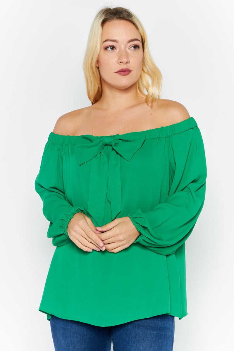 Riley & Rae بلوزة نسائية بأكتاف مكشوفة بأكمام طويلة، خضراء - Image 1